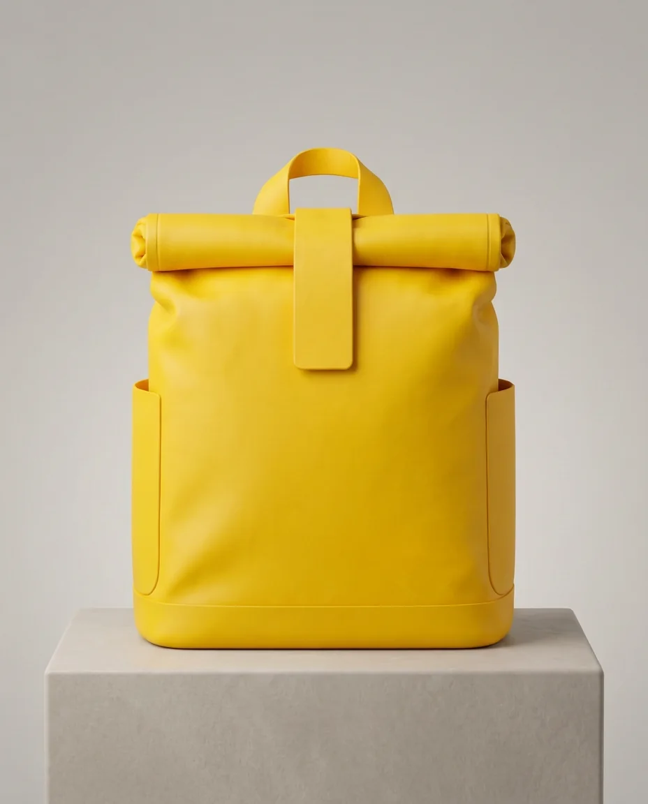 Front view of the plop roll-top backpack in Bee yellow
