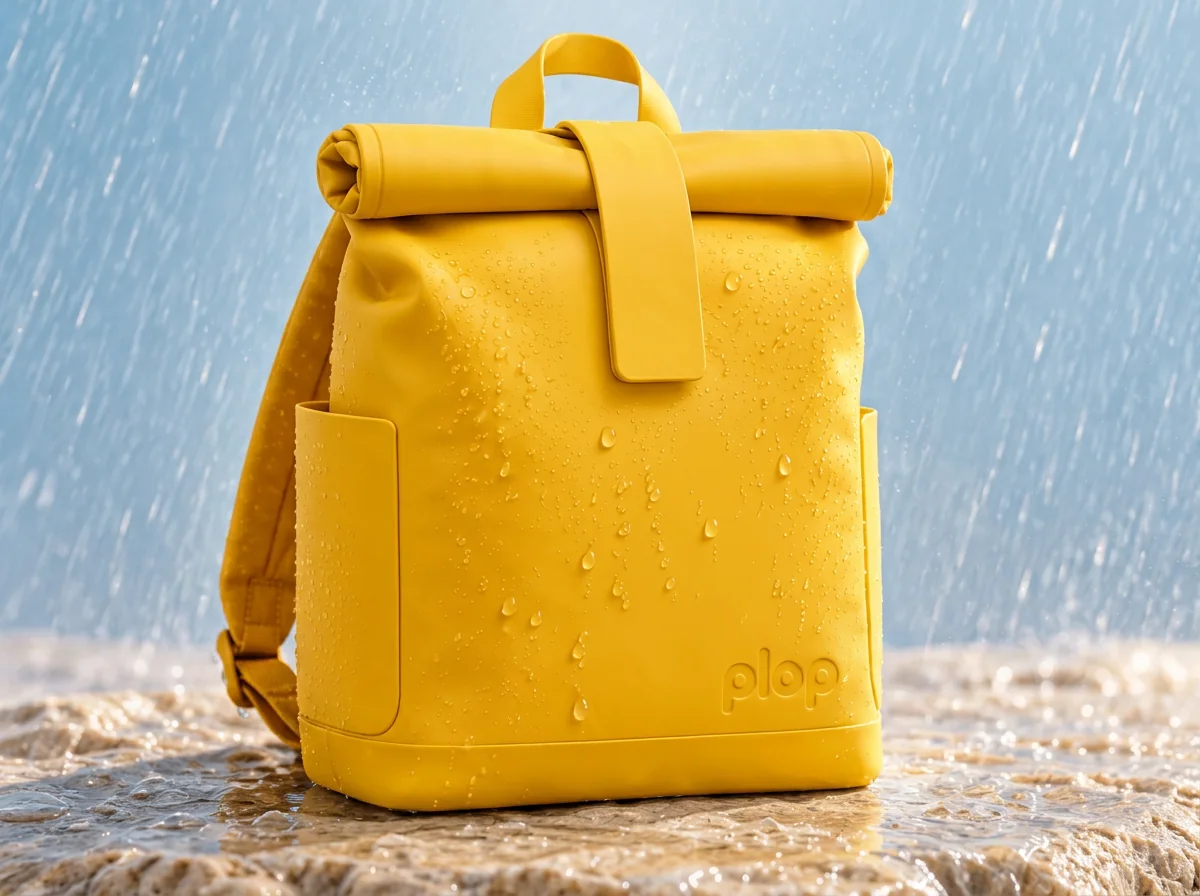 A bee yellow plop backpack standing on a wet rock as rain pours down and beads on the fabric