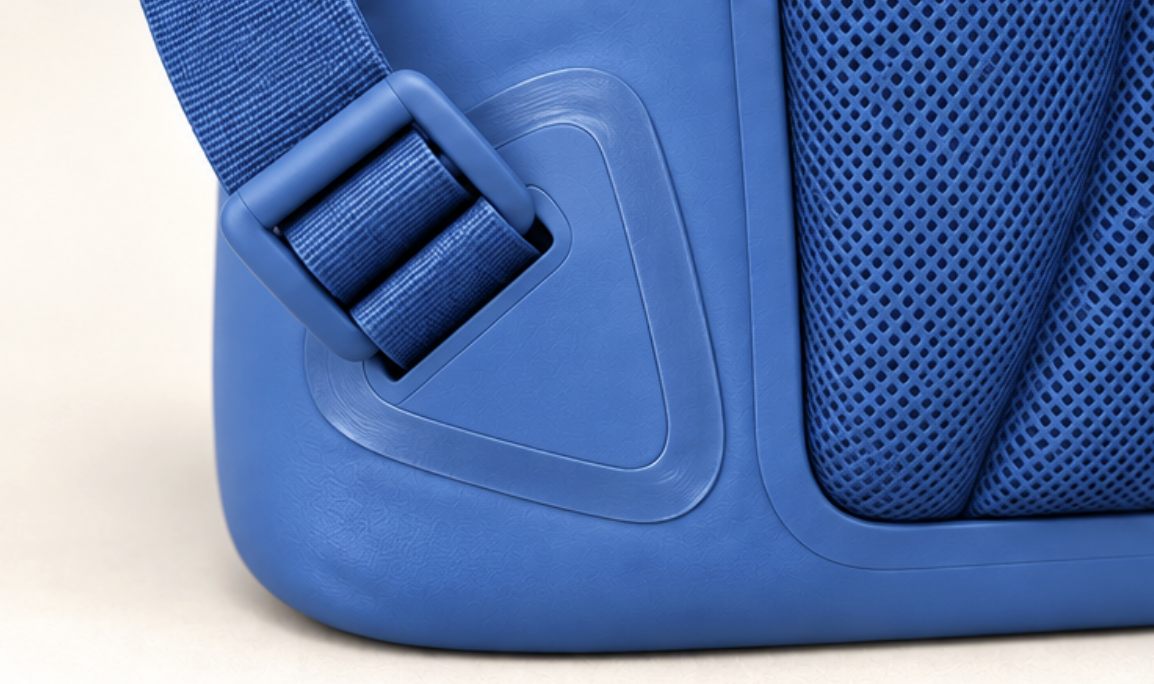 Close-up of the padded strap, buckle and mesh pocket