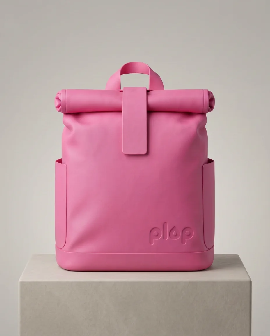 Front view of the plop roll-top backpack in Pig pink
