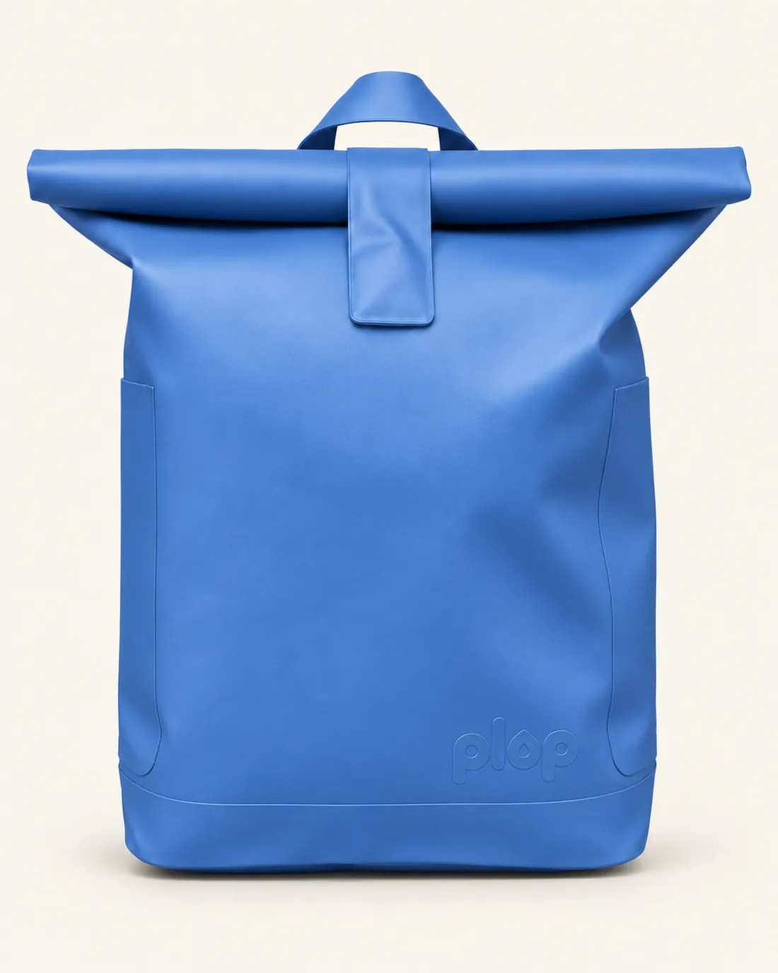 Sea blue plop roll-top backpack, front view