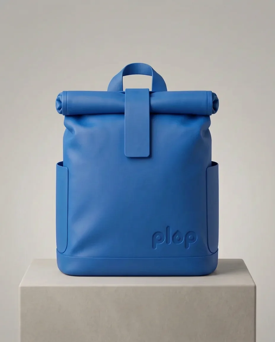 Front view of the plop roll-top backpack in Sea blue