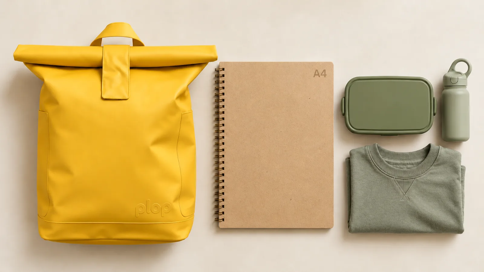 A Sea blue plop bag beside an A4 exercise book, a lunchbox, a bottle and a spare layer