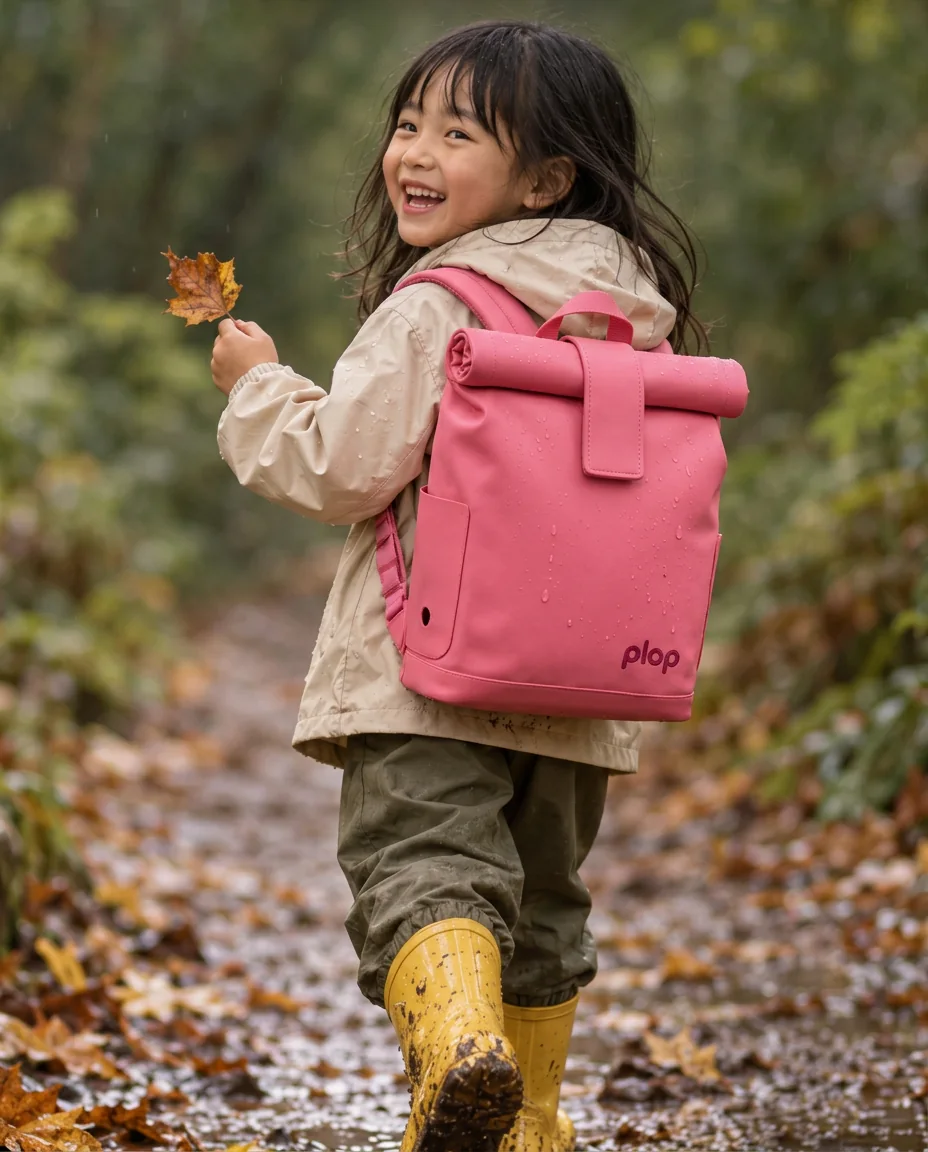 A child laughing on a wet woodland path in the rain, wearing a pig pink plop backpack