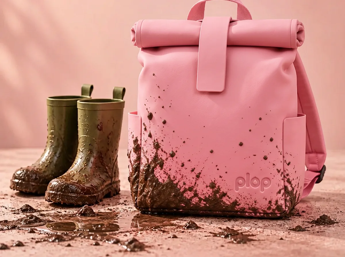A pig pink plop backpack splashed with mud beside a pair of muddy wellington boots