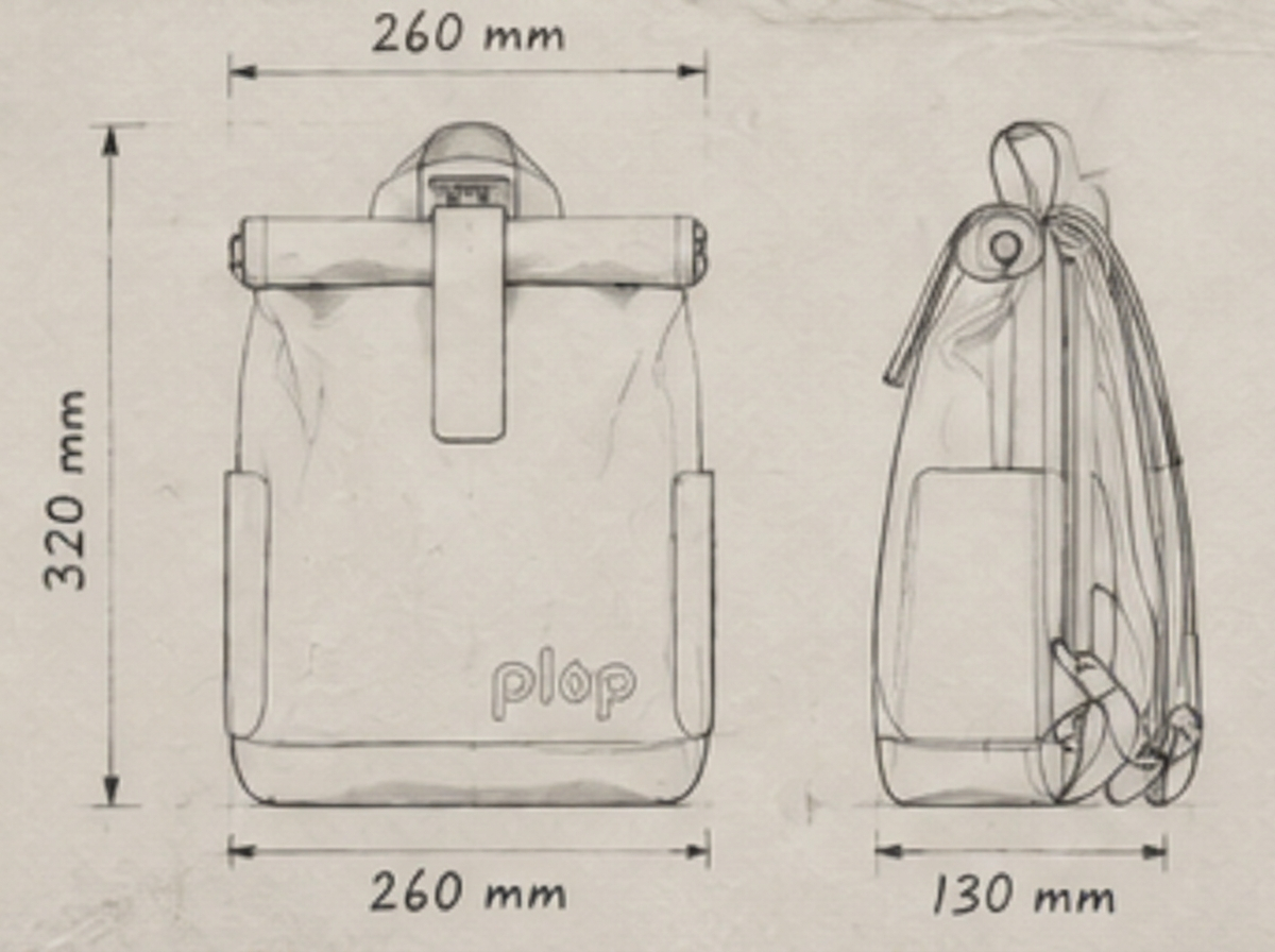 Hand-drawn front and side dimension study of the plop roll-top backpack